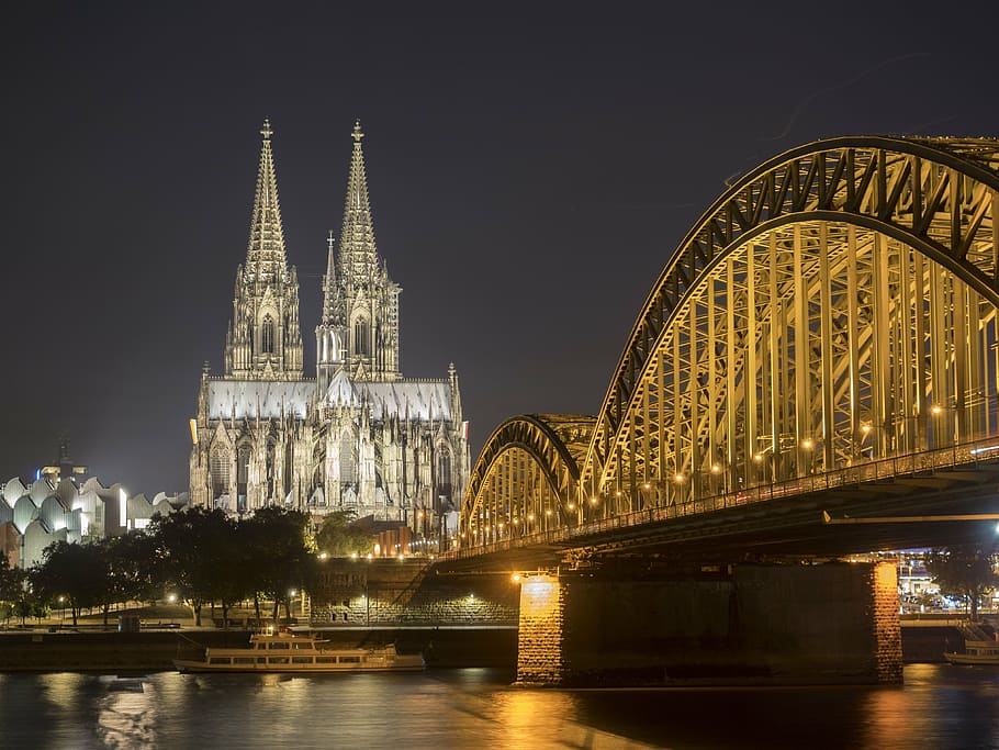 lighted bridge beside body of water, dom, cologne, church, cologne on the rhine, HD wallpaper