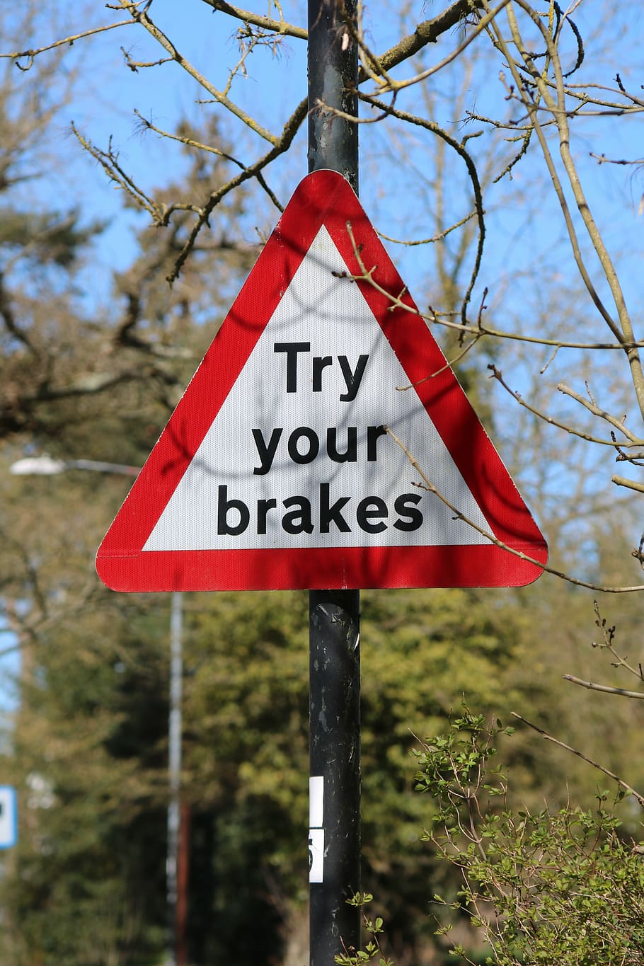 sign, road sign, try your brakes, direction, message, guidepost, HD wallpaper
