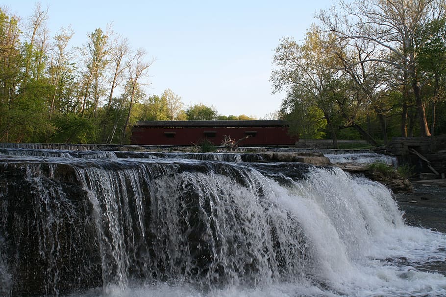 bridge, waterfall, tree, plant, motion, flowing water, nature HD wallpaper