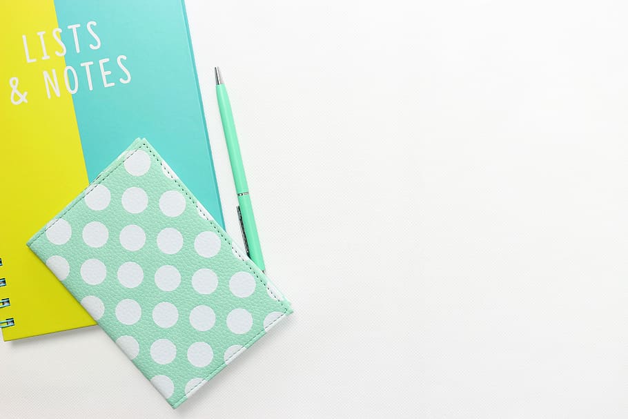 notebook, pen, workplace, turquoise, diary, booklet, yellow HD wallpaper