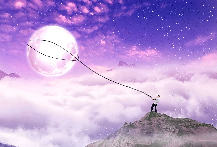 moon, catch, moonlight, fantasy, sky, cloud - sky, nature, one person HD wallpaper