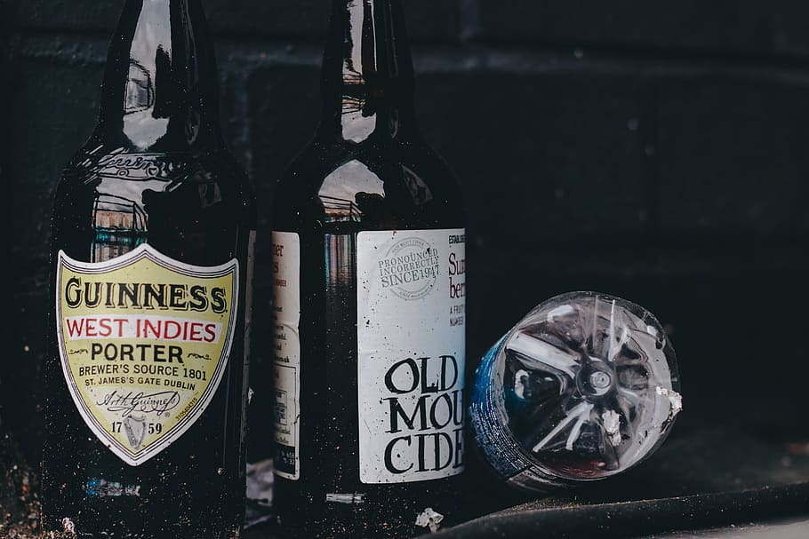 three bottles placed beside black wall, guinness, west, indies HD wallpaper