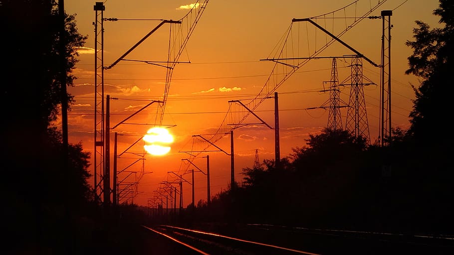 olkusz, poland, sunset, landscape, tree, silhouette, electricity, HD wallpaper