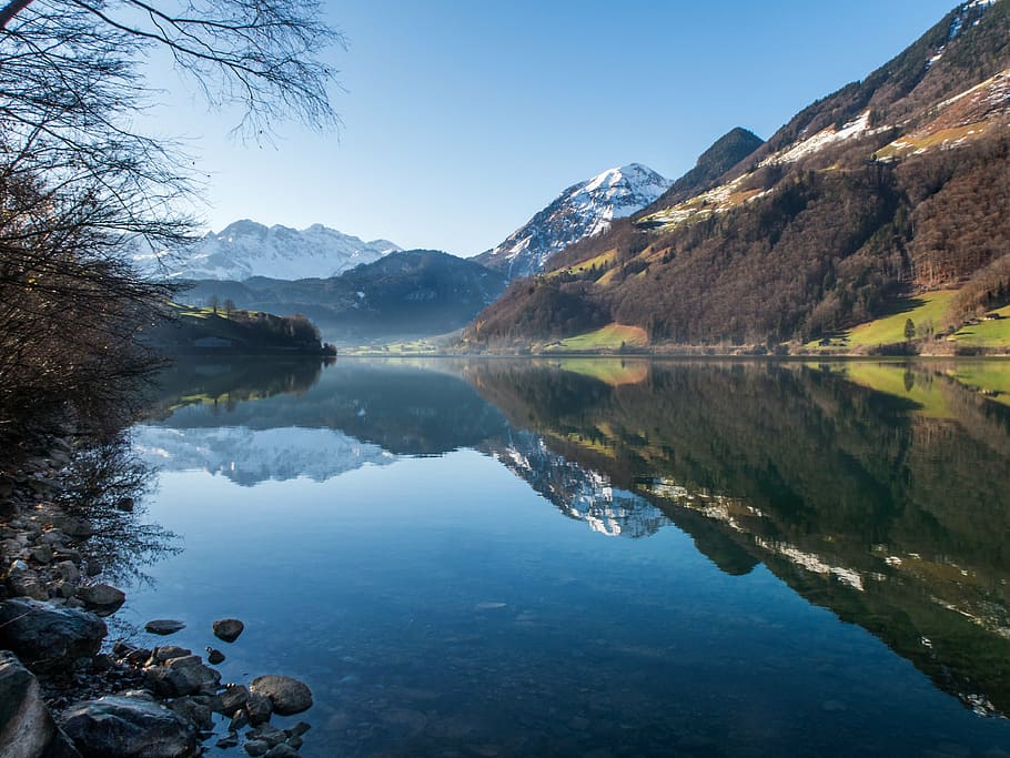lake, landscape, mountains, reflection, sky, snow, snow peak HD wallpaper