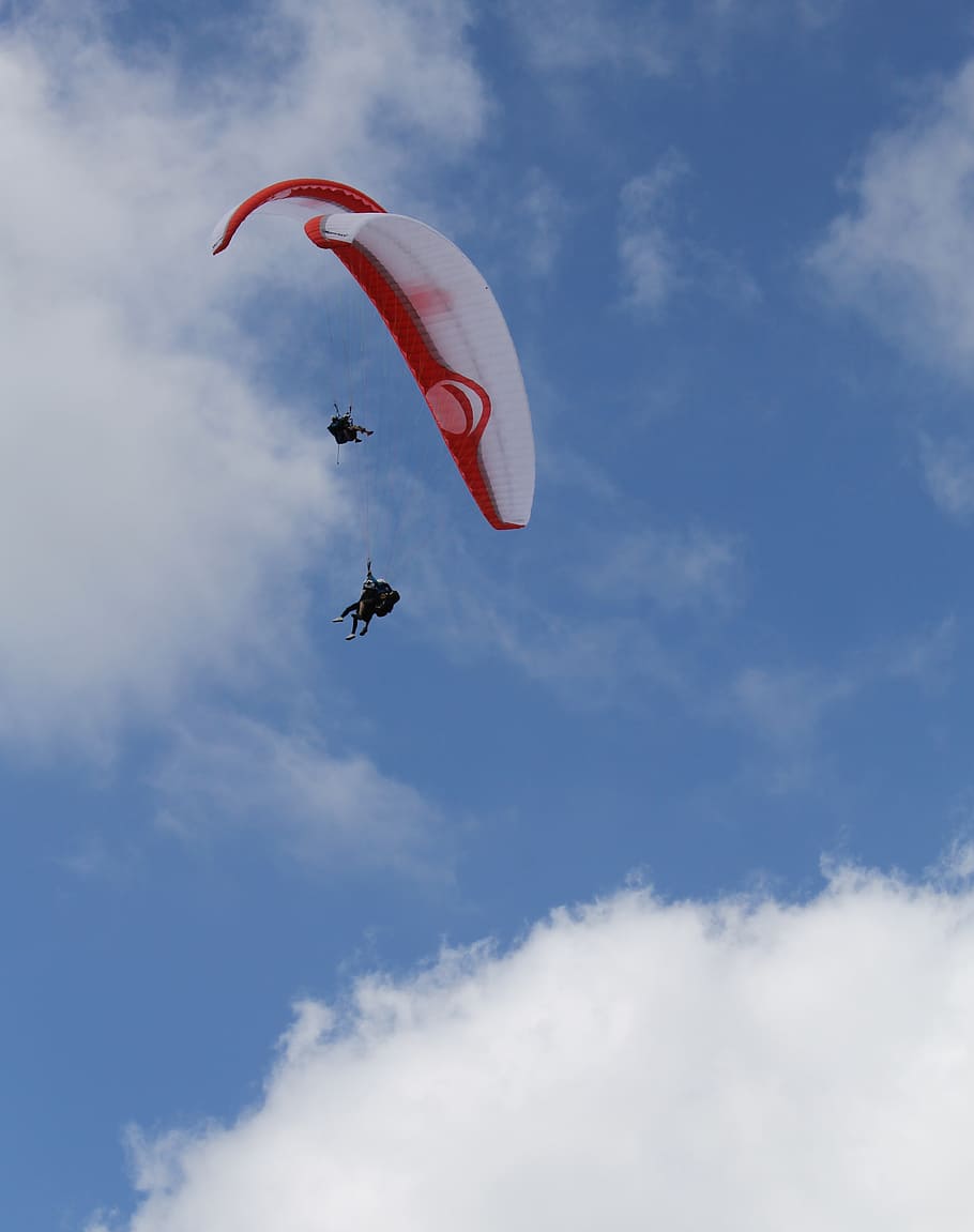 paragliding, clouds, sky, blue, flying, cloud - sky, low angle view HD wallpaper