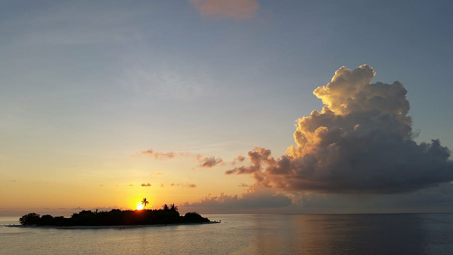 island, clouds, sky, sea, maldives, holiday, sunset, mood, dream holiday HD wallpaper