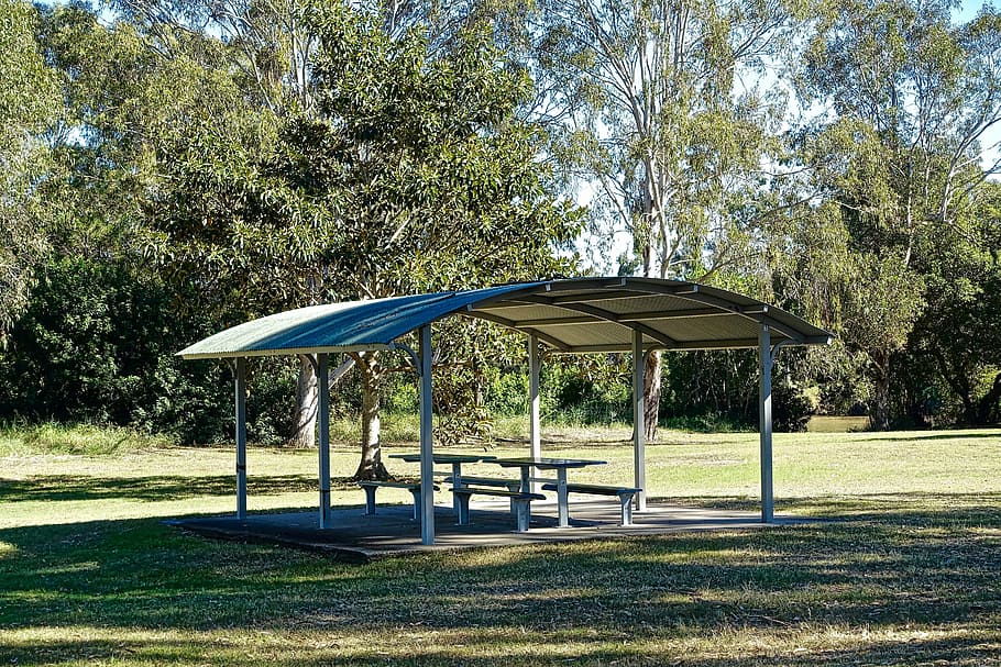 shelter, seating, picnic, structure, campground, park, tree HD wallpaper