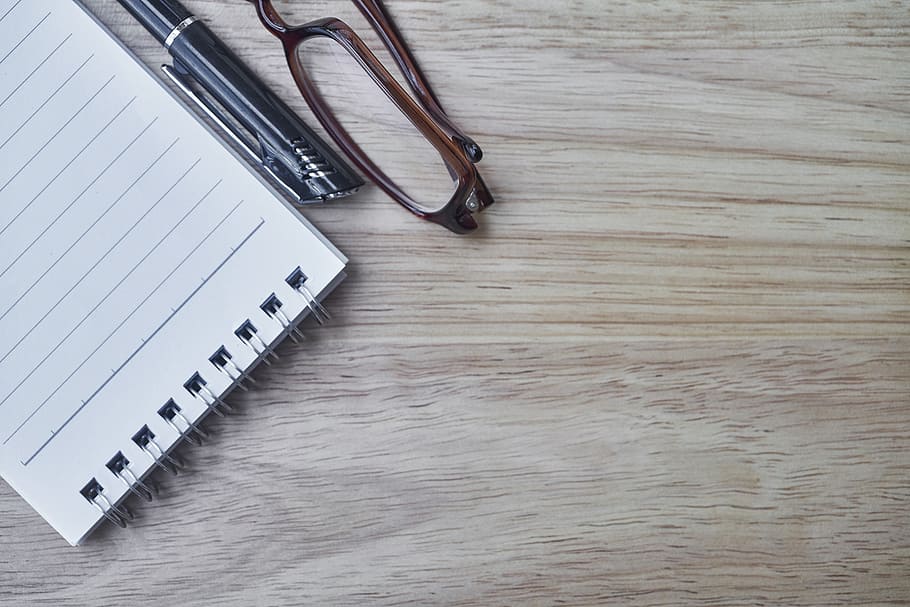 notebook, pen, notes, paper, eyeglasses, pad, spiral notebook HD wallpaper