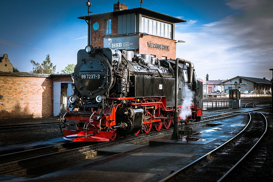 red and black steam train, locomotive, steam locomotive, railway, HD wallpaper