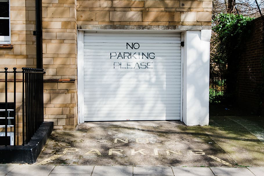 gray metal roll-up door with no parking please printed, white steel shutter door HD wallpaper