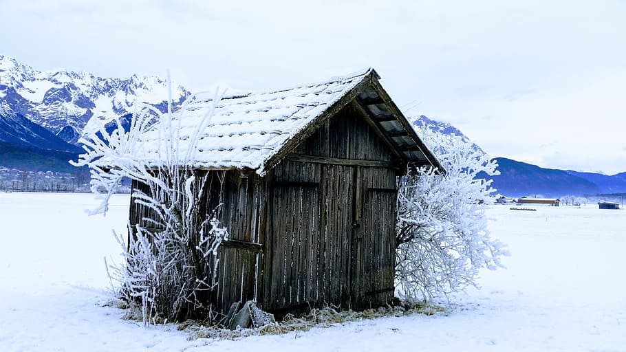 snow, winter, cold, barrack, wood, hut, frost, tyrol, silz HD wallpaper