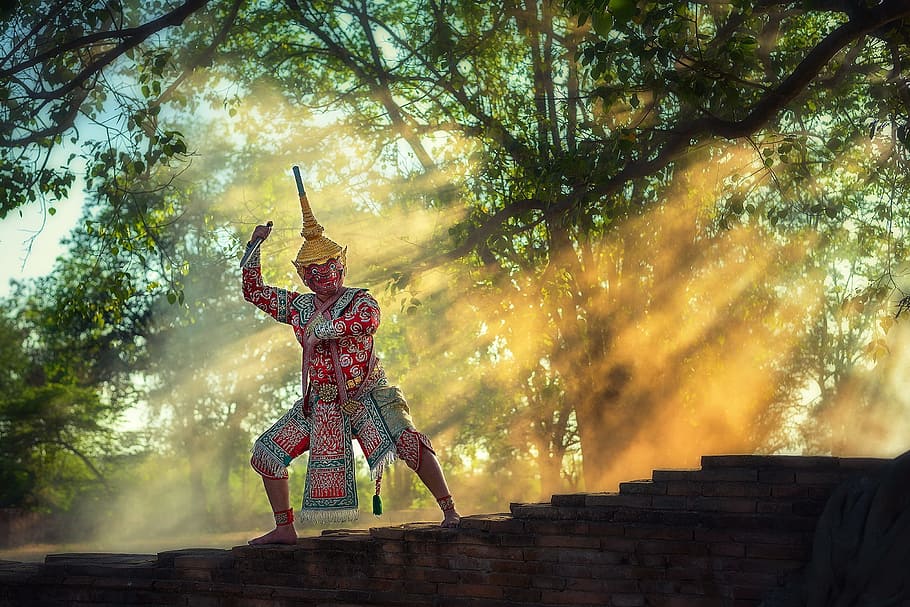 thailand, asia, pantomime, light, tree, one person, architecture