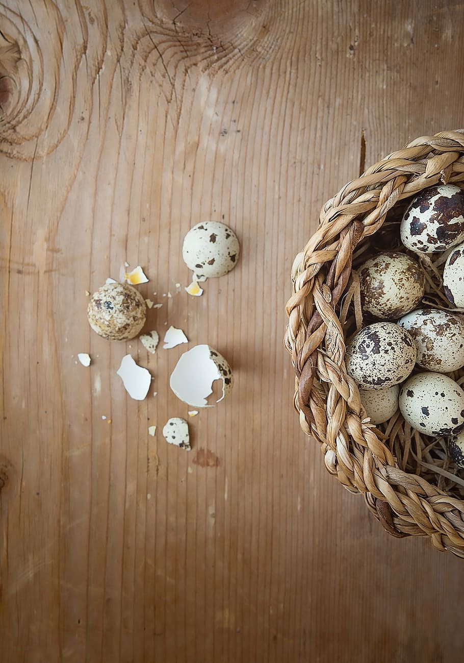 egg, quail eggs, broken, wood, natural product, basket, close HD wallpaper