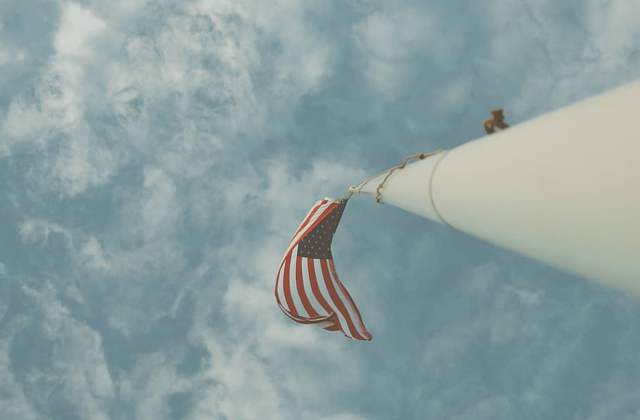 AMERICA, raised flag of America, flagpole, falg, sky, cloud, stars and stripes HD wallpaper