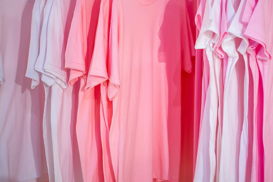 photo of white and pink t-shirts, assorted-color t-shirt lot, HD wallpaper