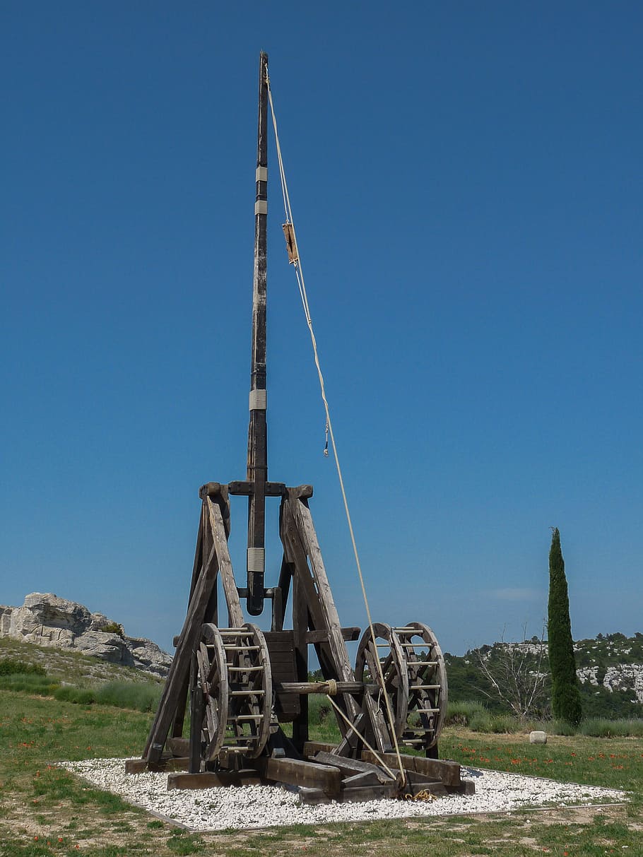 catapult, weapon, middle ages, projectile, sky, clear sky, blue HD wallpaper
