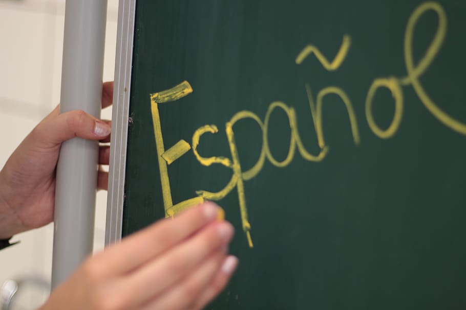 Espanoy written on green chalkboard, spanish, teaching, school
