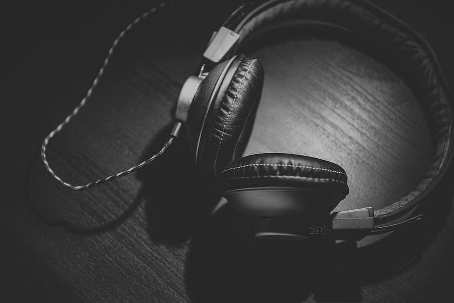black corded headphones grayscale photo, headset, audio, technology, HD wallpaper