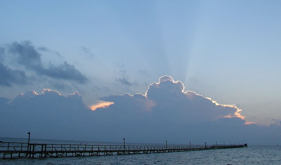 sun rays, sunrise, sky, pier, ocean, sea, water, cloud - sky HD wallpaper