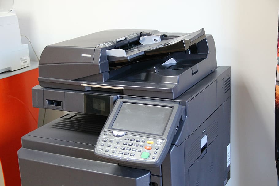 turned-off gray photocopier beside white painted wall, printer HD wallpaper