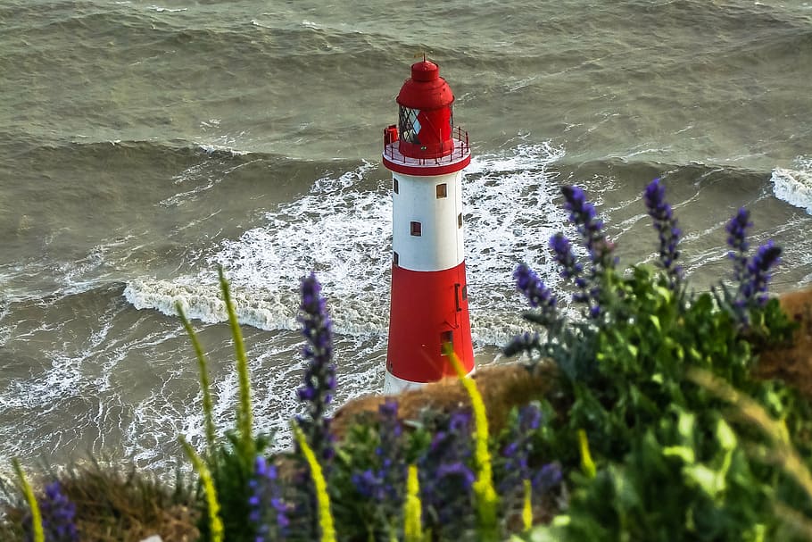 white and red lighthouse on body of water, ocean, england, nature HD wallpaper