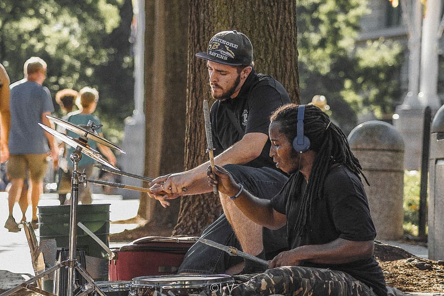 two men playing drum outdoor near trees, Performer, Drums, Talent, HD wallpaper