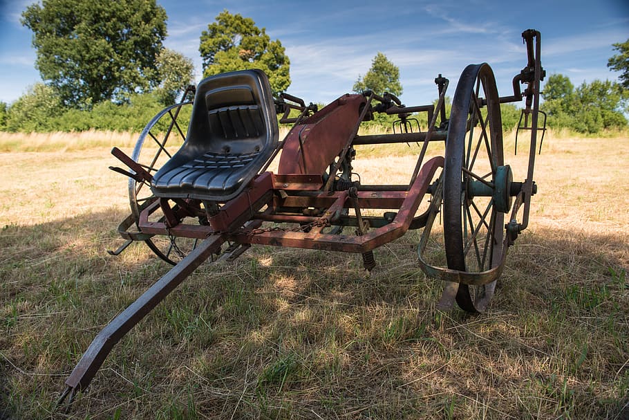 machine, old, technique, tedder, hay, country, plant, field HD wallpaper
