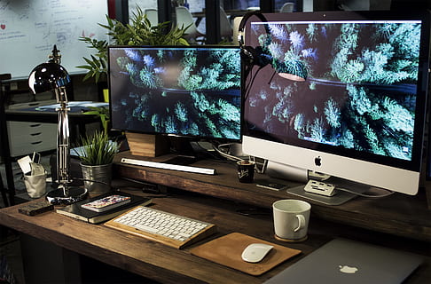 two computer monitors turned on with the same wallpaper, two silver and black flat screen computer monitor turned on HD wallpaper