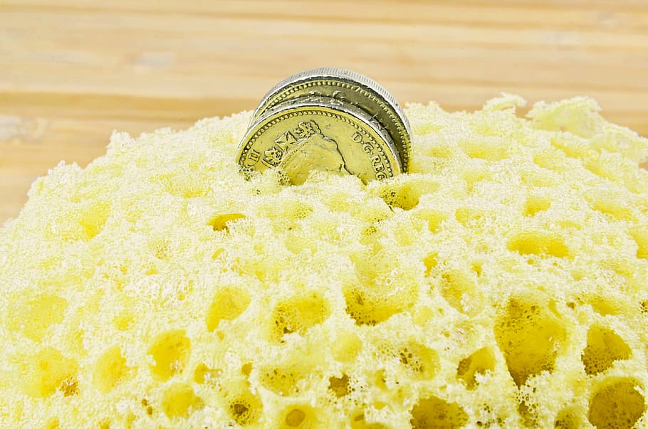 sponge for washing, cleaning, bathroom, coin, money making, HD wallpaper
