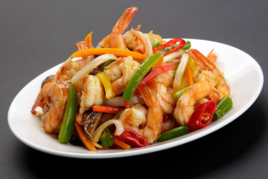 stir fry shrimp, food, meal, vegetable, dinner, dish, chinese shrimp, HD wallpaper