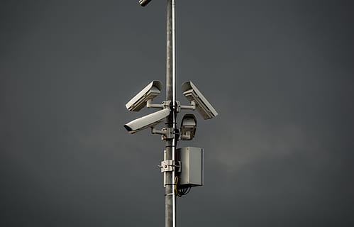 surveillance, camera, tower, post, technology, security camera HD wallpaper