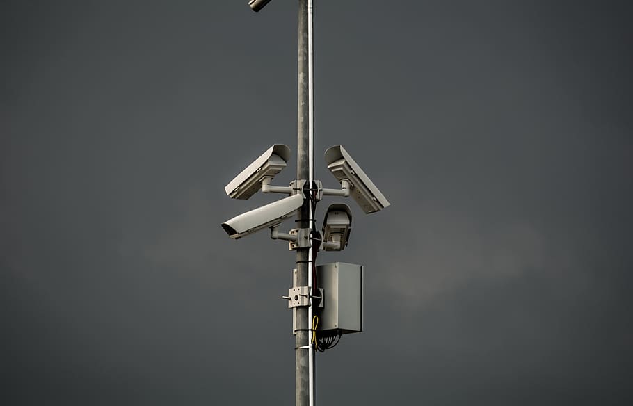 surveillance, camera, tower, post, technology, security camera HD wallpaper