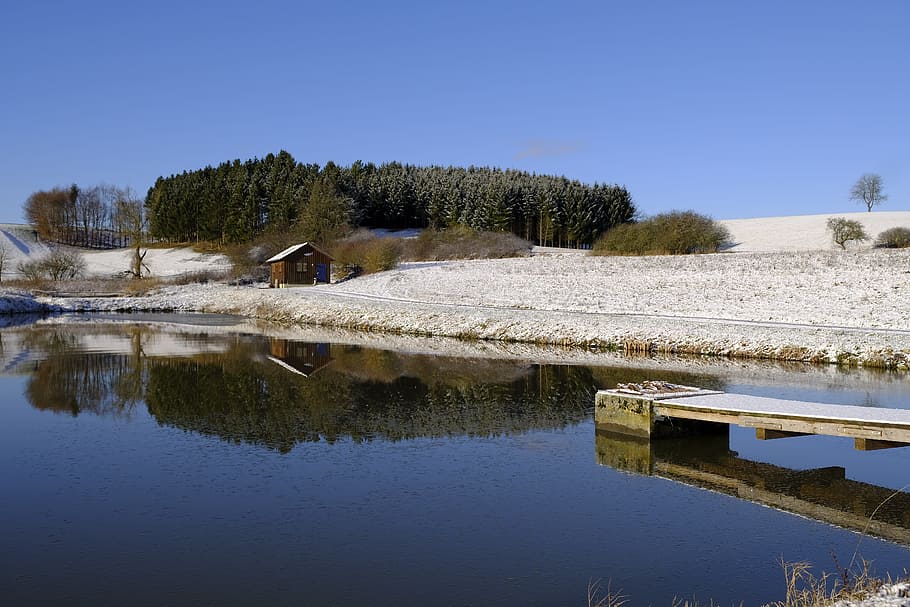 brown house near body of water and trees under blue sky during daytime HD wallpaper