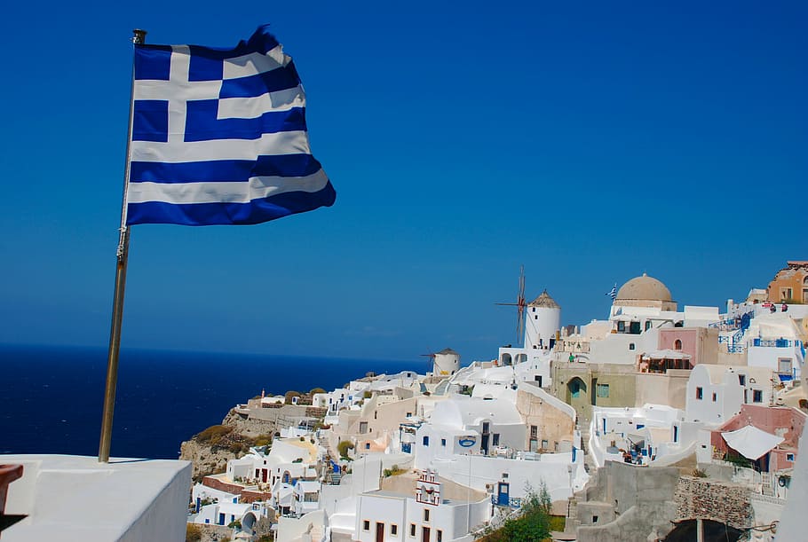 santorini, greece, flag, greek, island, travel, europe, mediterranean, HD wallpaper