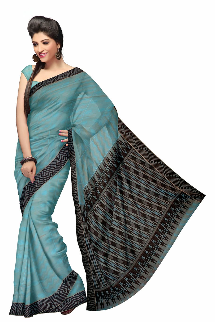 woman wearing teal and black sari dress, fashion, silk, model