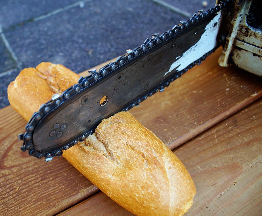 Chainsaw, Wood, Baguette, Bread, white bread, baked goods, food