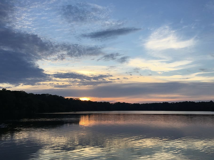sunset, clouds, evening, sky, nature, blue, water, horizon HD wallpaper