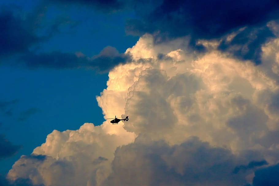 helicopter, clouds, aviation, cloud - sky, flying, air vehicle HD wallpaper