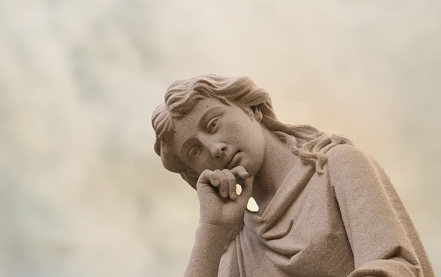 female concrete statue, angel, profile, sky, face, head, sculpture, HD wallpaper
