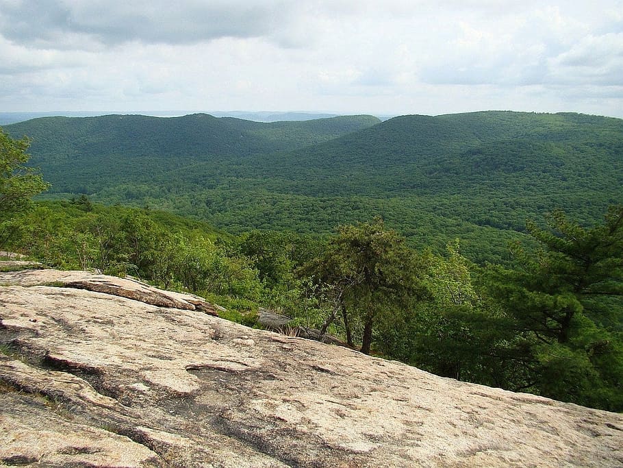 hill, rock, tree, mountain, woods, forest, view, sky, clouds HD wallpaper
