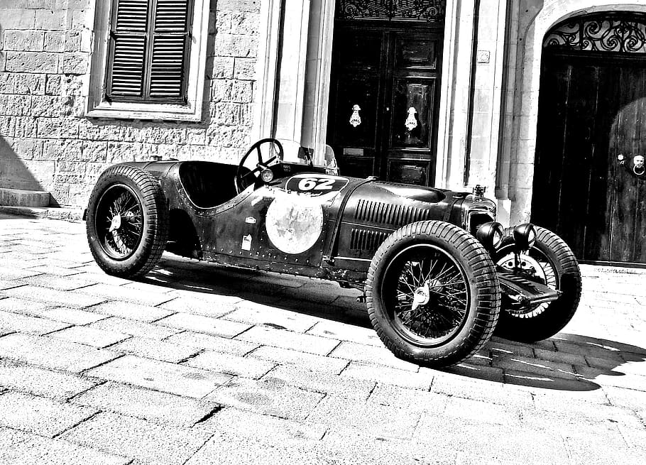 grayscale photo of vintage car, vintage racing car, classic racing car