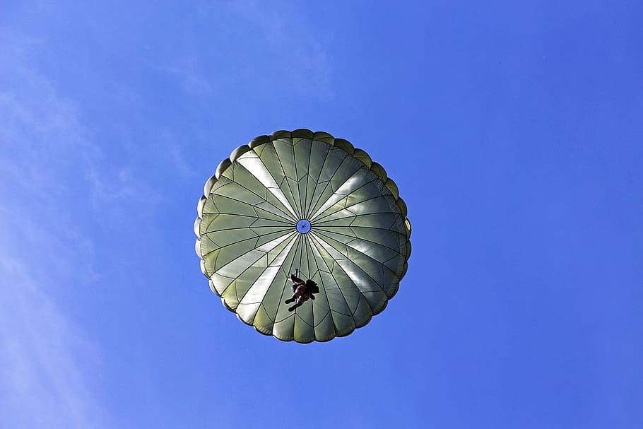 person using gray parachute, parachutist, jump, aircraft, men
