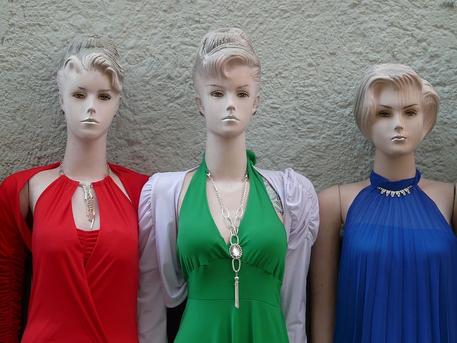 three mannequins wearing dress near wall, Dolls, Face, Fashion, HD wallpaper