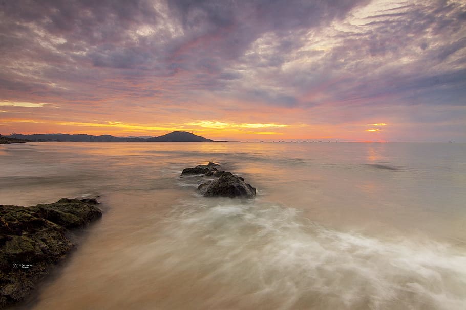 sea, dawn, nature, beach, idyllic, island, ocean, rocks, scenery HD wallpaper
