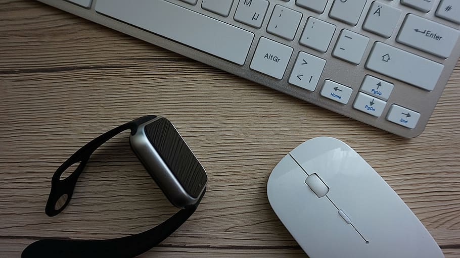 smart watch, keyboard, mouse, desk, workplace, computer, computer Mouse HD wallpaper