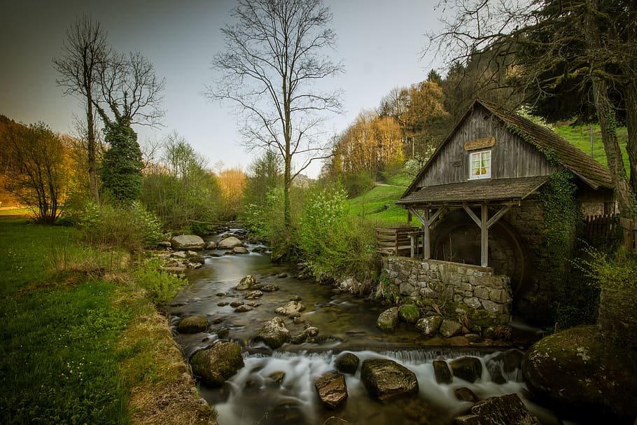 river near gray wooden house at daytime, mill, water, nature HD wallpaper