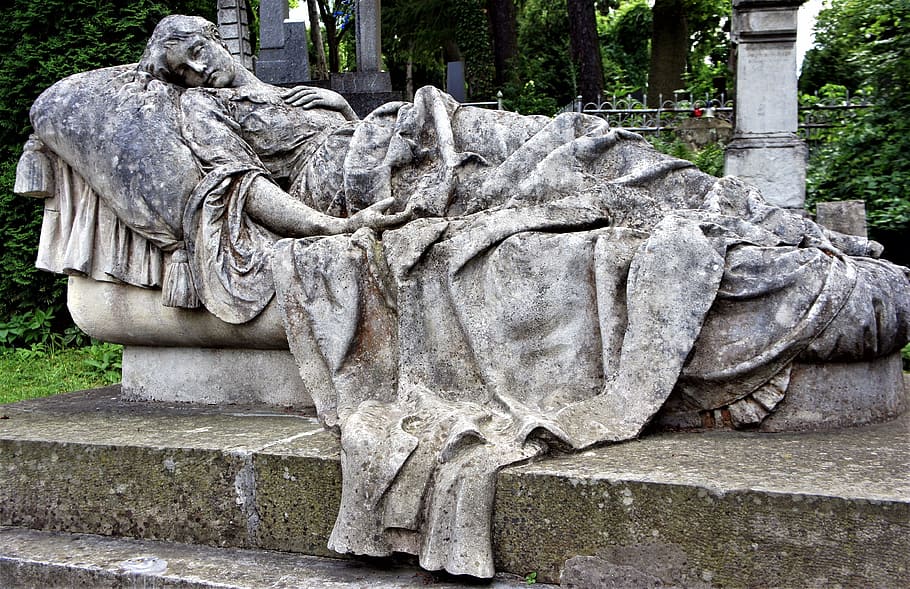 woman on chaise lounge concrete statue, grave, monument, stone HD wallpaper