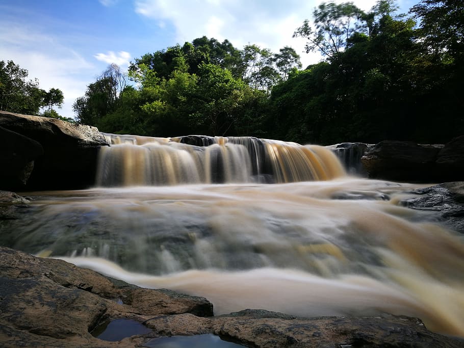 waterfall, nature, rock, tree, scenics - nature, long exposure HD wallpaper