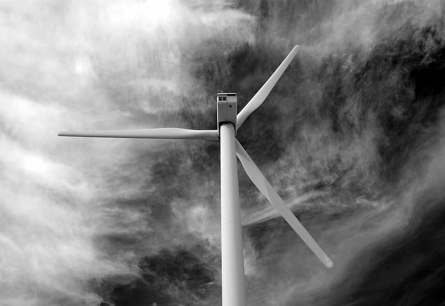grayscale photo of wind turbine, grayscale windmill under cloudy sky HD wallpaper