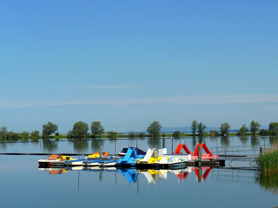 lake constance, lagoon, boat rental, water, blue sky, mirroring